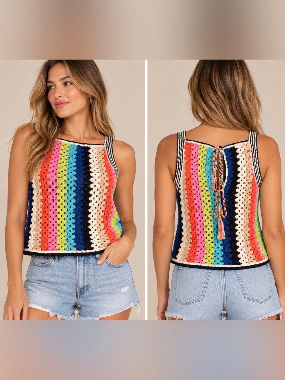 Eleven Six Multicolor Crochet Pima Cotton Lace-Up Back Tank Top – Size L